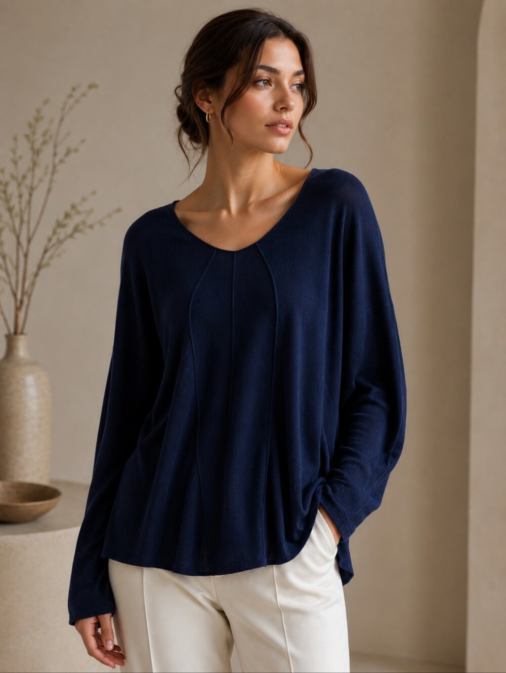 Rundholz Black Label Navy V-neck Hi-lo Lightweight Sweater Lagenlook Women's XL
